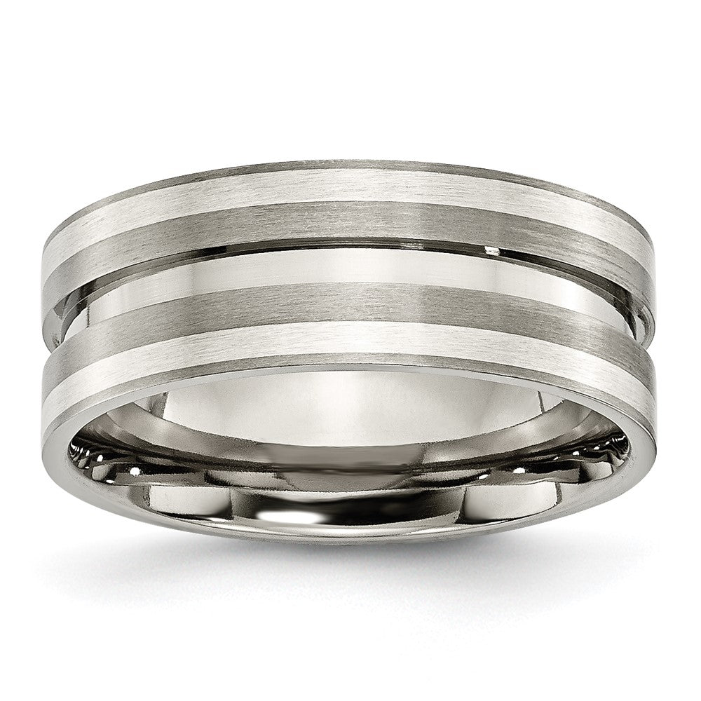Titan/silver Bicolor Titan Gebürstet Sterlingsilber Einlage 8mm Gerillt Ring