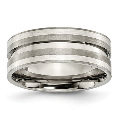 Titan/silver Bicolor Titan Gebürstet Sterlingsilber Einlage 8mm Gerillt Ring