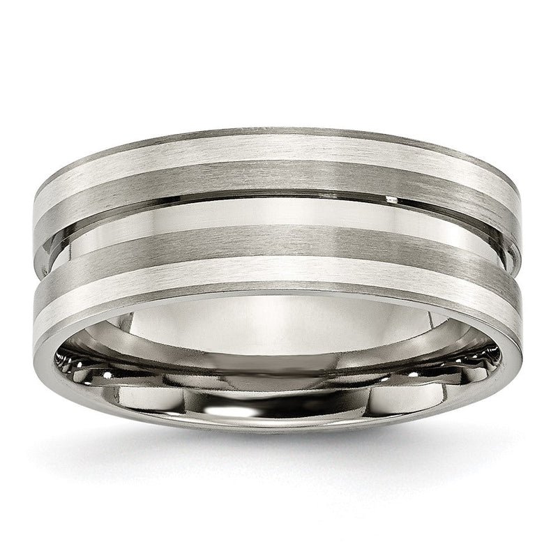 Titan/silver Bicolor Titan Gebürstet Sterlingsilber Einlage 8mm Gerillt Ring
