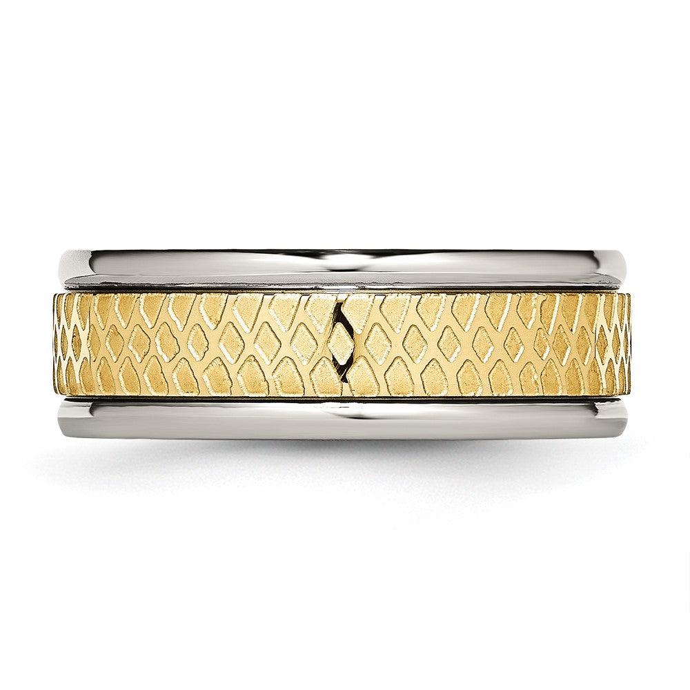 Titan 8mm Gelb Ip Beschichtet Ridged Kante Fantasie Gebürstet Ring (size 8 Nur)