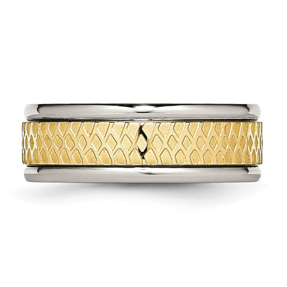 Titan 8mm Gelb Ip Beschichtet Ridged Kante Fantasie Gebürstet Ring (size 8 Nur)