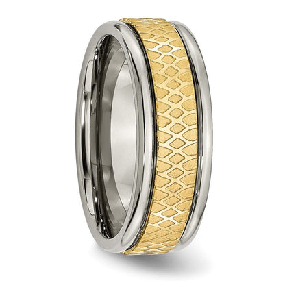 Titan 8mm Gelb Ip Beschichtet Ridged Kante Fantasie Gebürstet Ring (size 8 Nur)