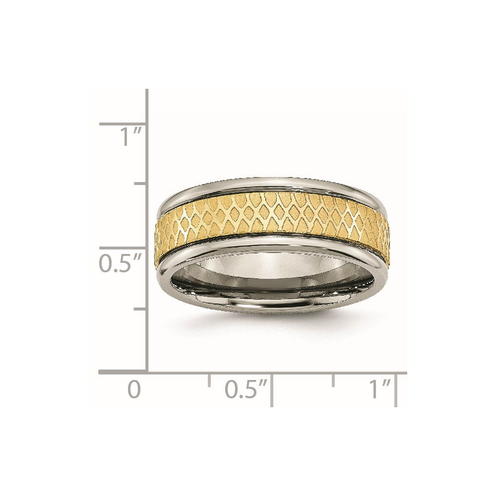 Titan 8mm Gelb Ip Beschichtet Ridged Kante Fantasie Gebürstet Ring (size 8 Nur)