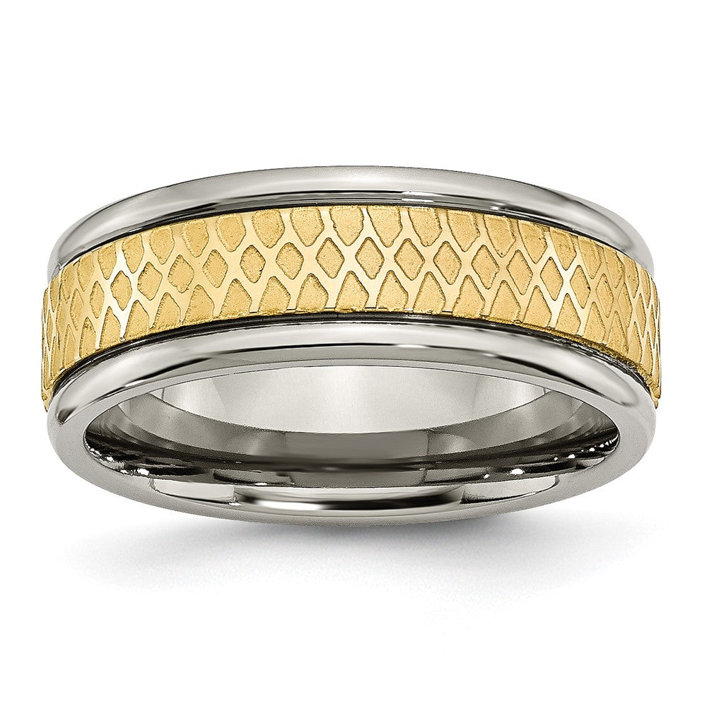 Titan 8mm Gelb Ip Beschichtet Ridged Kante Fantasie Gebürstet Ring (size 8 Nur)