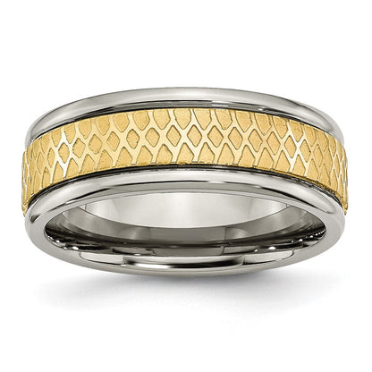 Titan 8mm Gelb Ip Beschichtet Ridged Kante Fantasie Gebürstet Ring (size 8 Nur)