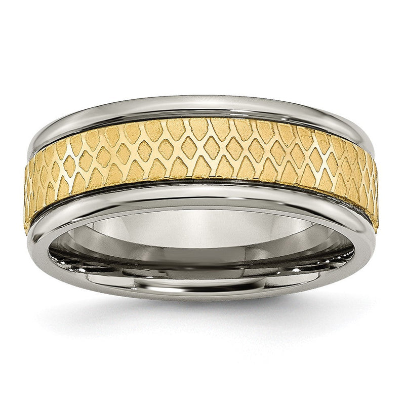 Titan 8mm Gelb Ip Beschichtet Ridged Kante Fantasie Gebürstet Ring (size 8 Nur)