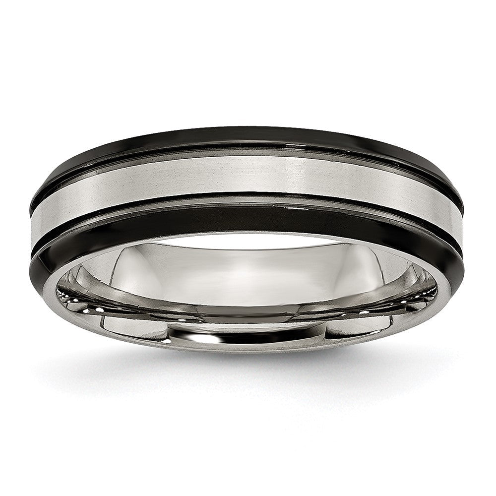 Titan Abgeschrägt Kante 6mm Schwarz Ip Beschichtet Satiniert/polished Ring (size 6 Nur)
