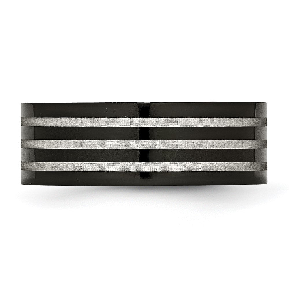 Titan Poliert 8mm Schwarz Ip Beschichtet Satiniert Stripes Ring