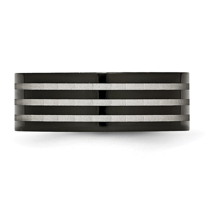 Titan Poliert 8mm Schwarz Ip Beschichtet Satiniert Stripes Ring