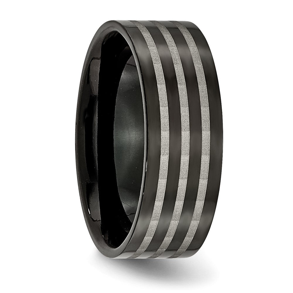 Titan Poliert 8mm Schwarz Ip Beschichtet Satiniert Stripes Ring