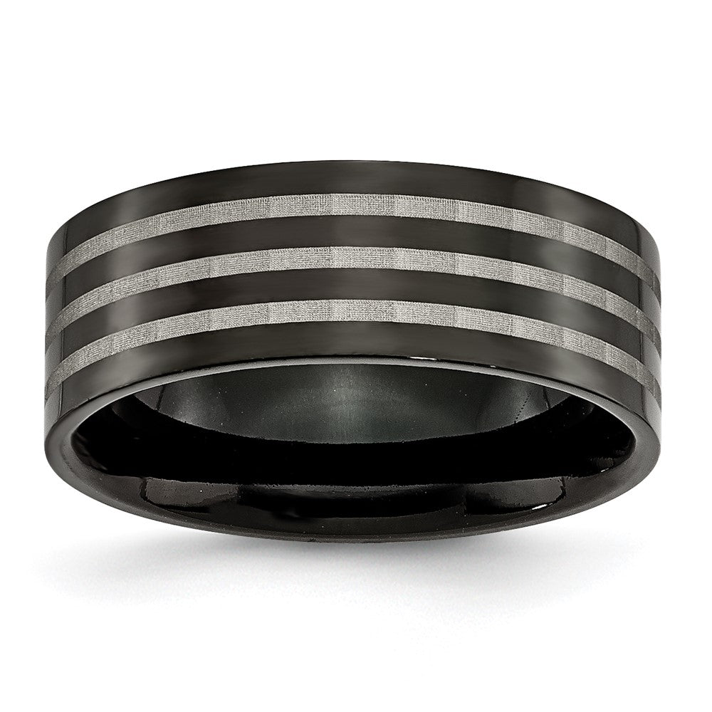 Titan Poliert 8mm Schwarz Ip Beschichtet Satiniert Stripes Ring