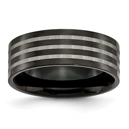 Titan Poliert 8mm Schwarz Ip Beschichtet Satiniert Stripes Ring