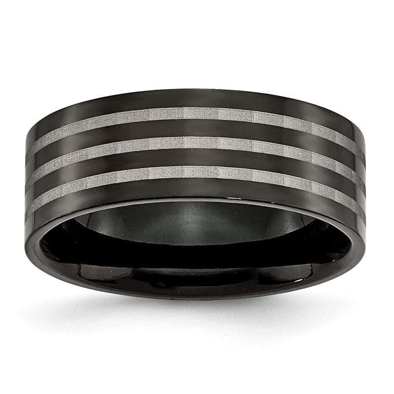 Titan Poliert 8mm Schwarz Ip Beschichtet Satiniert Stripes Ring
