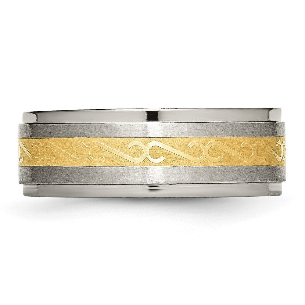 Titan 8mm Gelb Ip Beschichtet Satiniert/polished Ridged Kante Ring (size 9 Nur)