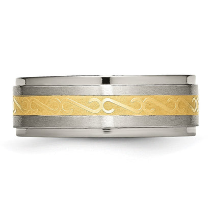 Titan 8mm Gelb Ip Beschichtet Satiniert/polished Ridged Kante Ring (size 9 Nur)