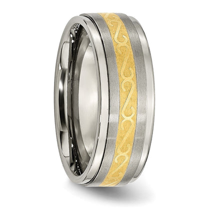 Titan 8mm Gelb Ip Beschichtet Satiniert/polished Ridged Kante Ring (size 9 Nur)