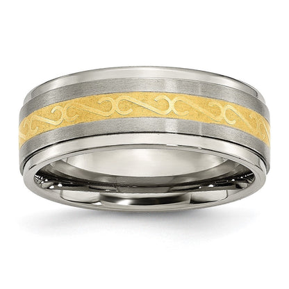 Titan 8mm Gelb Ip Beschichtet Satiniert/polished Ridged Kante Ring (size 9 Nur)