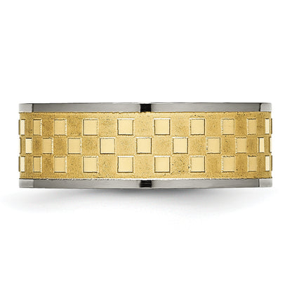 Titan 8mm Gelb Ip Beschichtet Satiniert und Poliert Checkered Ring