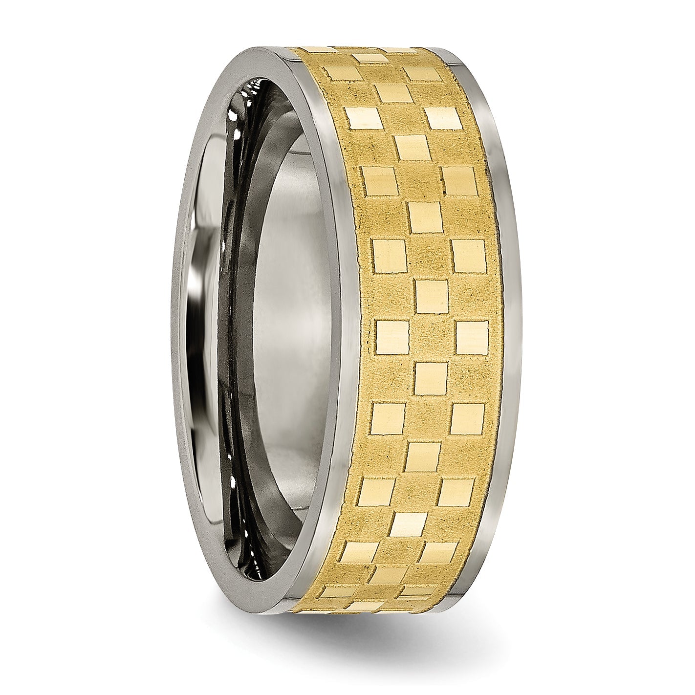 Titan 8mm Gelb Ip Beschichtet Satiniert und Poliert Checkered Ring
