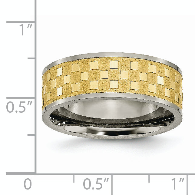 Titan 8mm Gelb Ip Beschichtet Satiniert und Poliert Checkered Ring