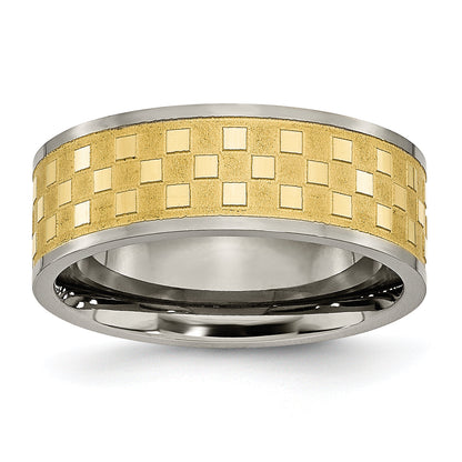 Titan 8mm Gelb Ip Beschichtet Satiniert und Poliert Checkered Ring