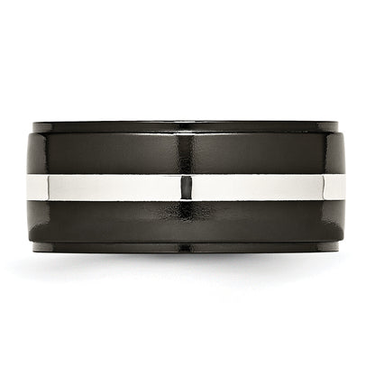 Titan/silver Bicolor Titan Schwarz Ti mit Sterlingsilber Einlage Poliert 10mm Ring