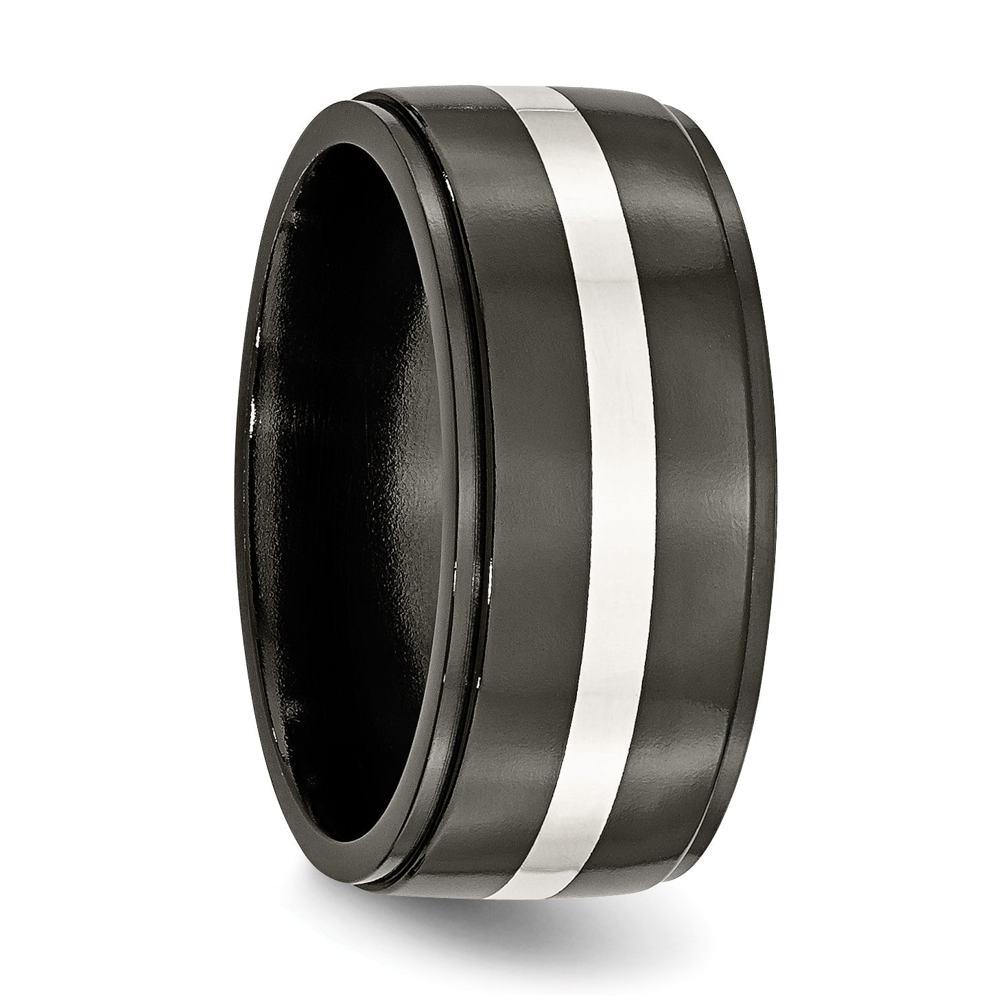 Titan/silver Bicolor Titan Schwarz Ti mit Sterlingsilber Einlage Poliert 10mm Ring