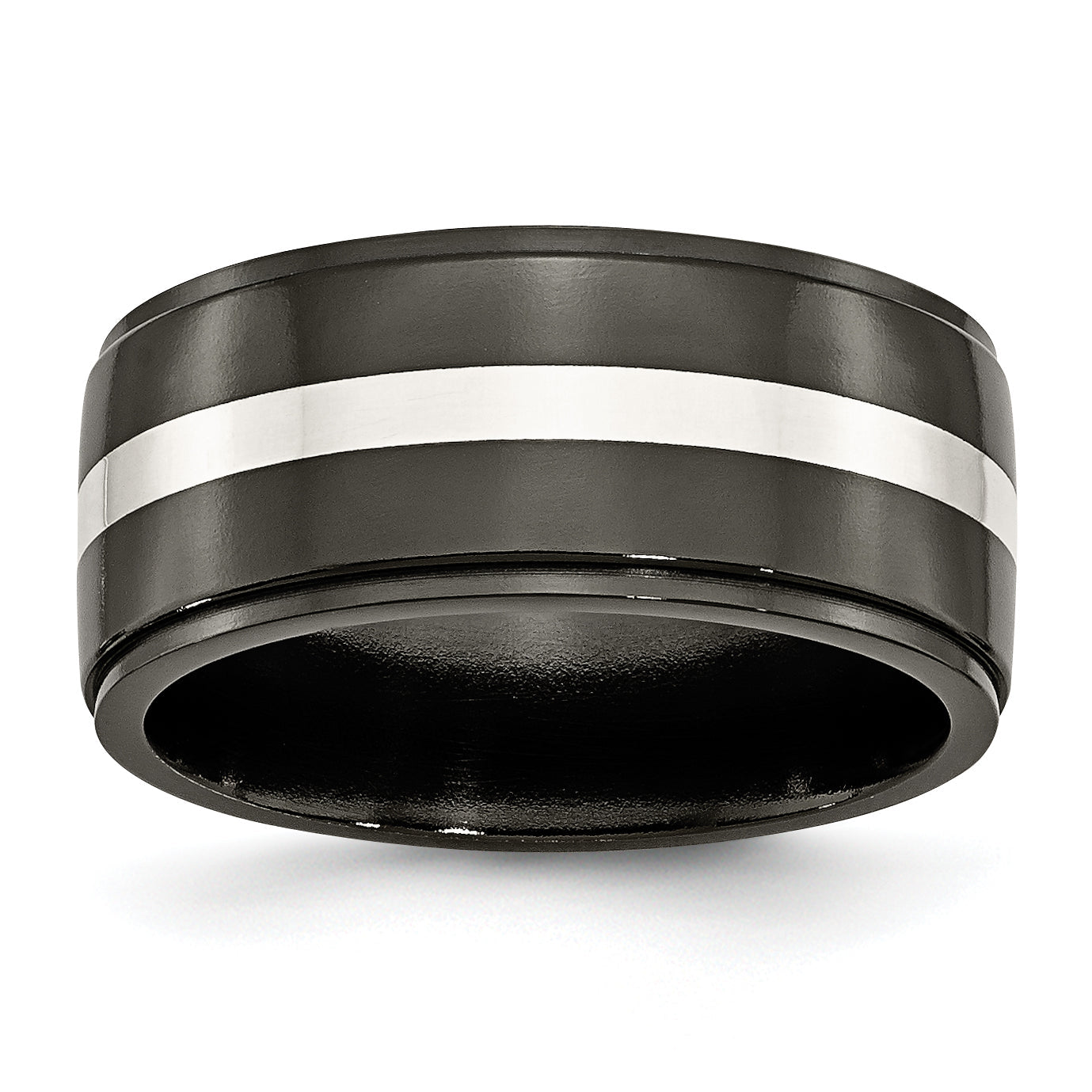 Titan/silver Bicolor Titan Schwarz Ti mit Sterlingsilber Einlage Poliert 10mm Ring