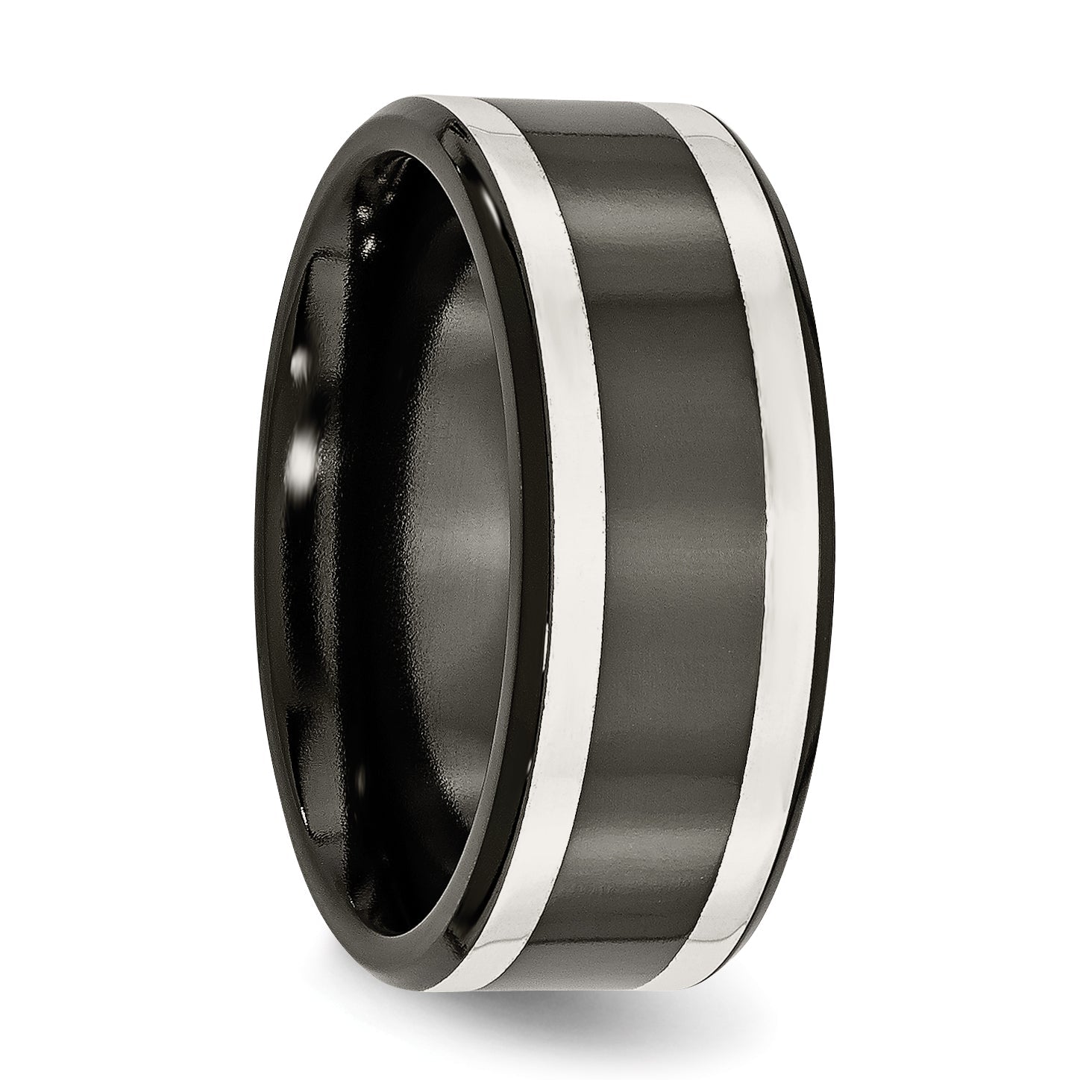 Titan/silver Bicolor Titan Schwarz Ti mit Sterlingsilber Einlage Poliert 9mm Flach Ring