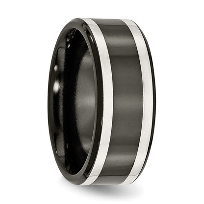Titan/silver Bicolor Titan Schwarz Ti mit Sterlingsilber Einlage Poliert 9mm Flach Ring