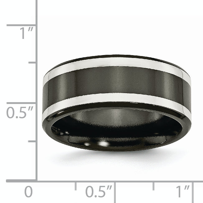 Titan/silver Bicolor Titan Schwarz Ti mit Sterlingsilber Einlage Poliert 9mm Flach Ring