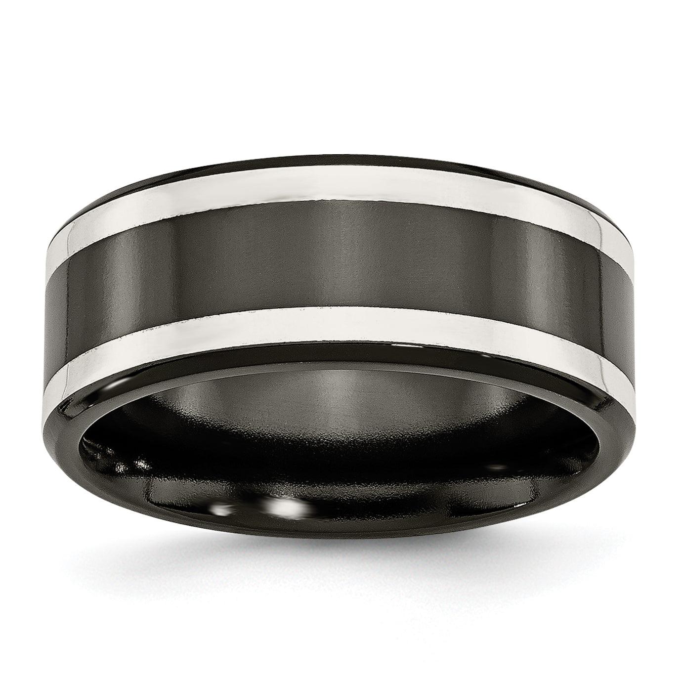 Titan/silver Bicolor Titan Schwarz Ti mit Sterlingsilber Einlage Poliert 9mm Flach Ring