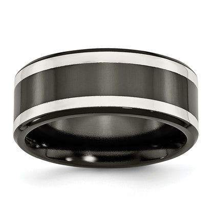 Titan/silver Bicolor Titan Schwarz Ti mit Sterlingsilber Einlage Poliert 9mm Flach Ring
