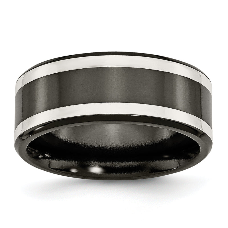 Titan/silver Bicolor Titan Schwarz Ti mit Sterlingsilber Einlage Poliert 9mm Flach Ring