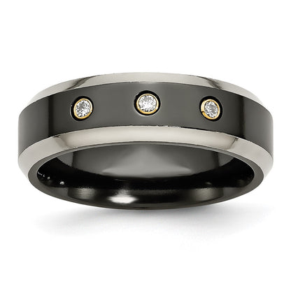 Titan Schwarz Ti 14K Einlage 1/10ct Diamant Abgeschrägt Kante 7mm Ring (size 11.5 Nur)
