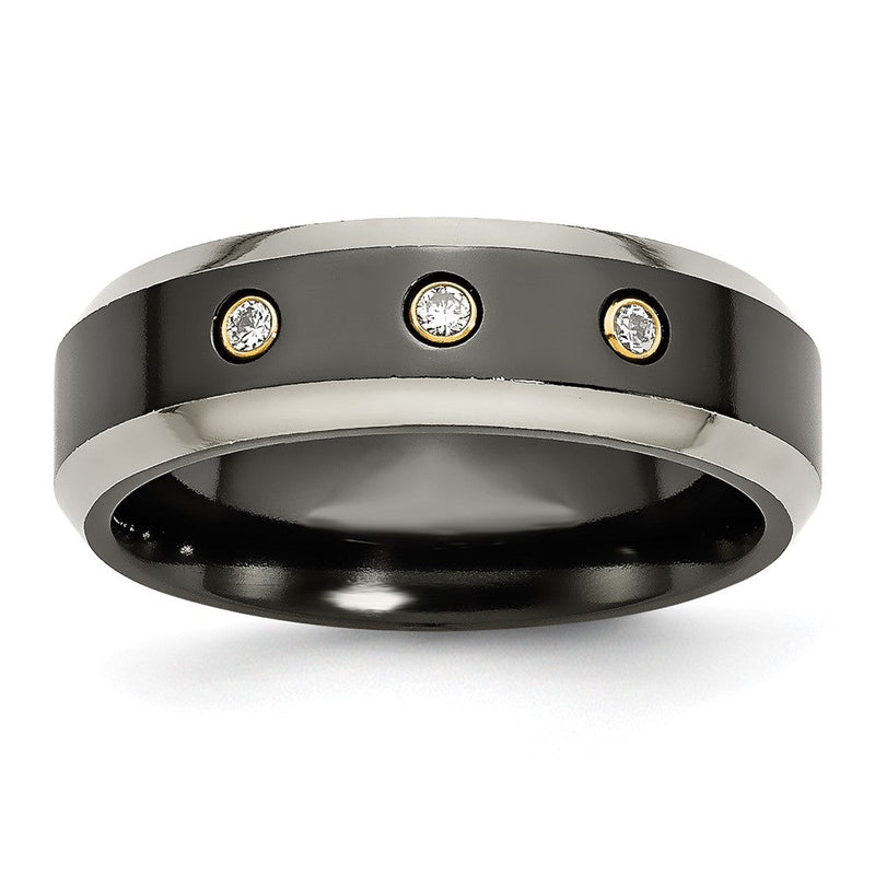 Titan Schwarz Ti 14K Einlage 1/10ct Diamant Abgeschrägt Kante 7mm Ring (size 11.5 Nur)