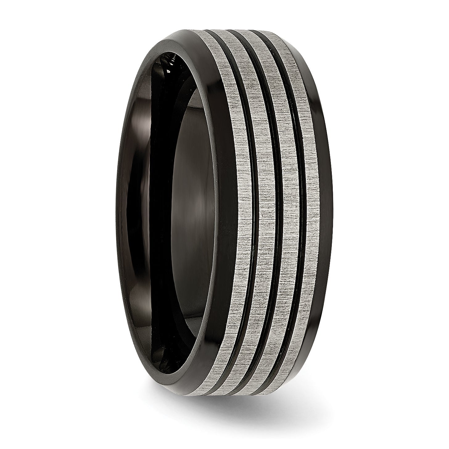 Titan Gebürstet & Poliert Schwarz Ip Beschichtet Striped 8mm Ring