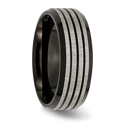 Titan Gebürstet & Poliert Schwarz Ip Beschichtet Striped 8mm Ring