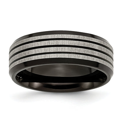 Titan Gebürstet & Poliert Schwarz Ip Beschichtet Striped 8mm Ring