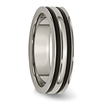Titan Poliert mit Schwarz Gummi 6mm Gerillt Ring