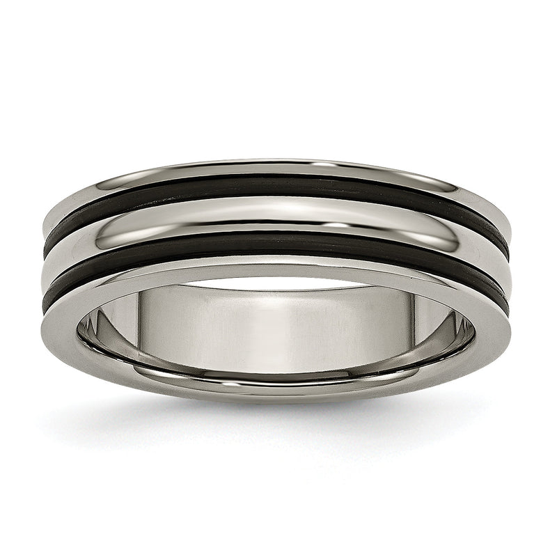 Titan Poliert mit Schwarz Gummi 6mm Gerillt Ring