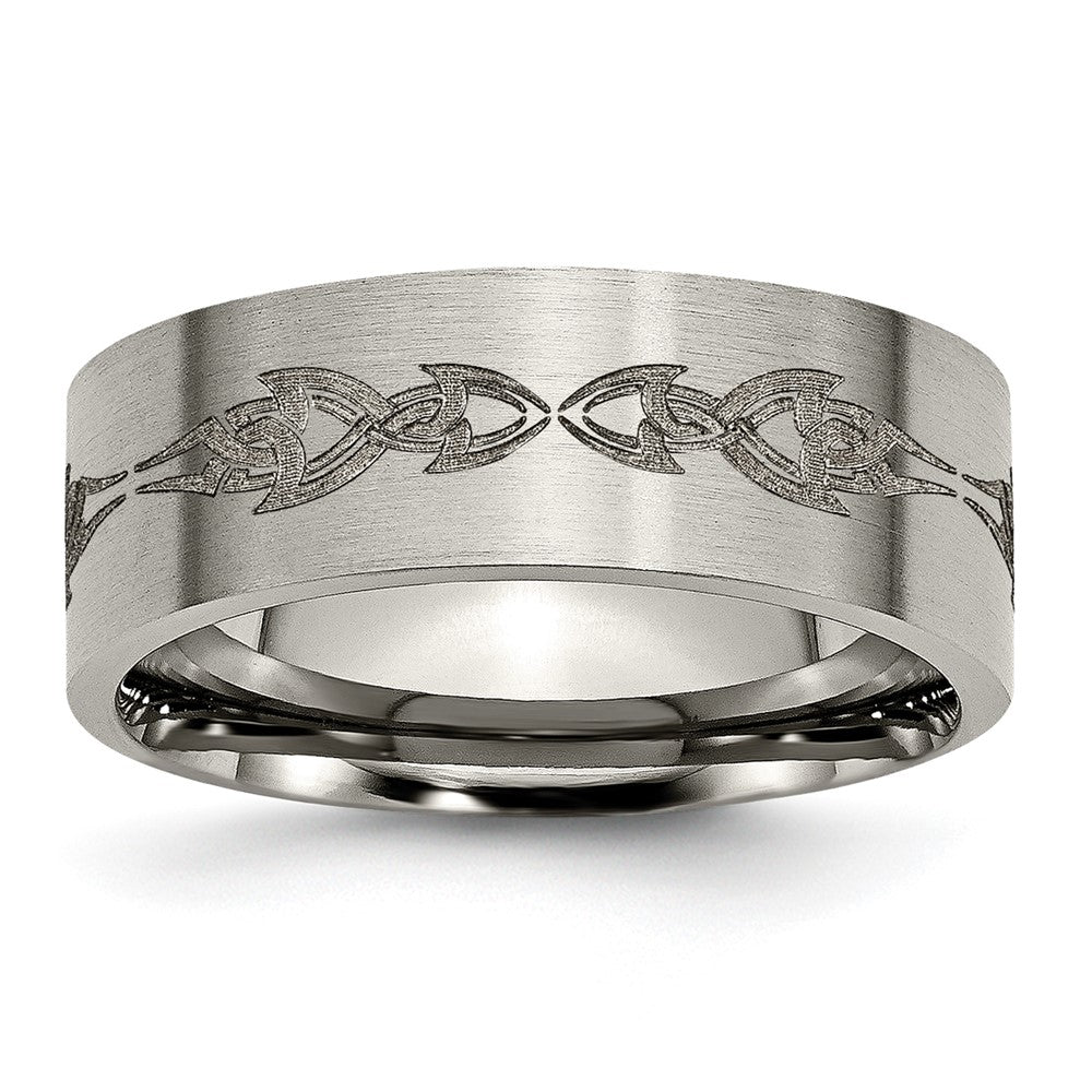 Titan Gebürstet Lasergraviert Design 8mm Flach Ring (size 13 Nur)