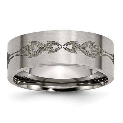 Titan Gebürstet Lasergraviert Design 8mm Flach Ring (size 13 Nur)