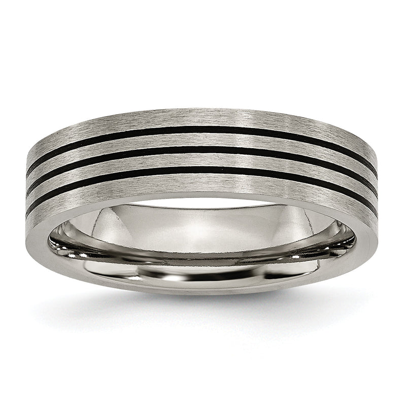 Titan Satiniert und Poliert Schwarz Emaille Striped 6mm Flach Ring