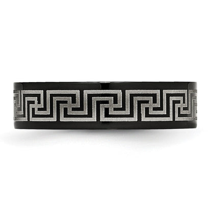 Titan Gebürstet/polished Schwarz Ip Lasergraviert Geätzt Greek Key 6mm Ring