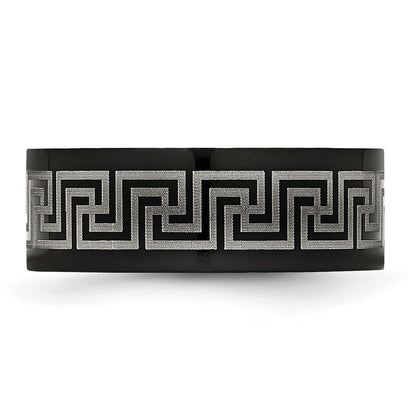 Titan Schwarz Ip Beschichtet Greek Key Lasergraviert Geätzt 8mm Gebürstet/polished Ring