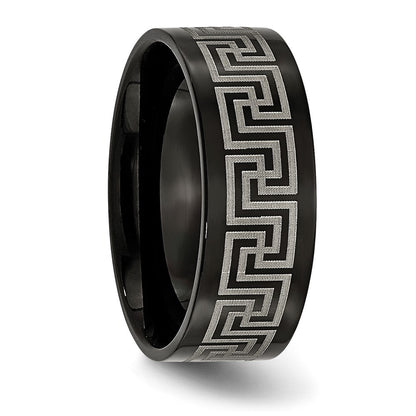 Titan Schwarz Ip Beschichtet Greek Key Lasergraviert Geätzt 8mm Gebürstet/polished Ring