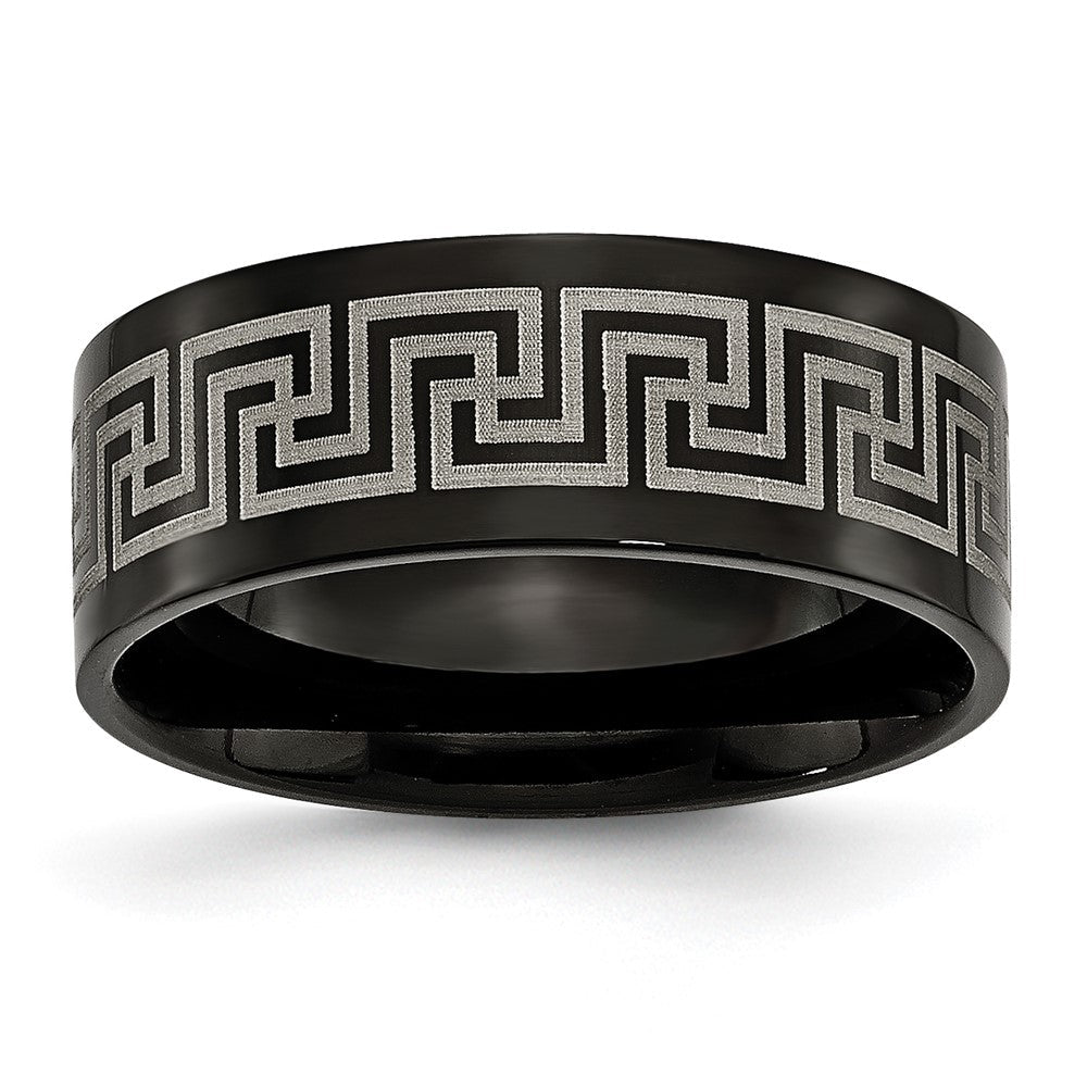 Titan Schwarz Ip Beschichtet Greek Key Lasergraviert Geätzt 8mm Gebürstet/polished Ring