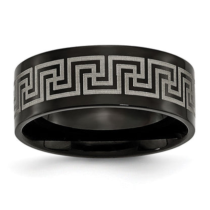 Titan Schwarz Ip Beschichtet Greek Key Lasergraviert Geätzt 8mm Gebürstet/polished Ring