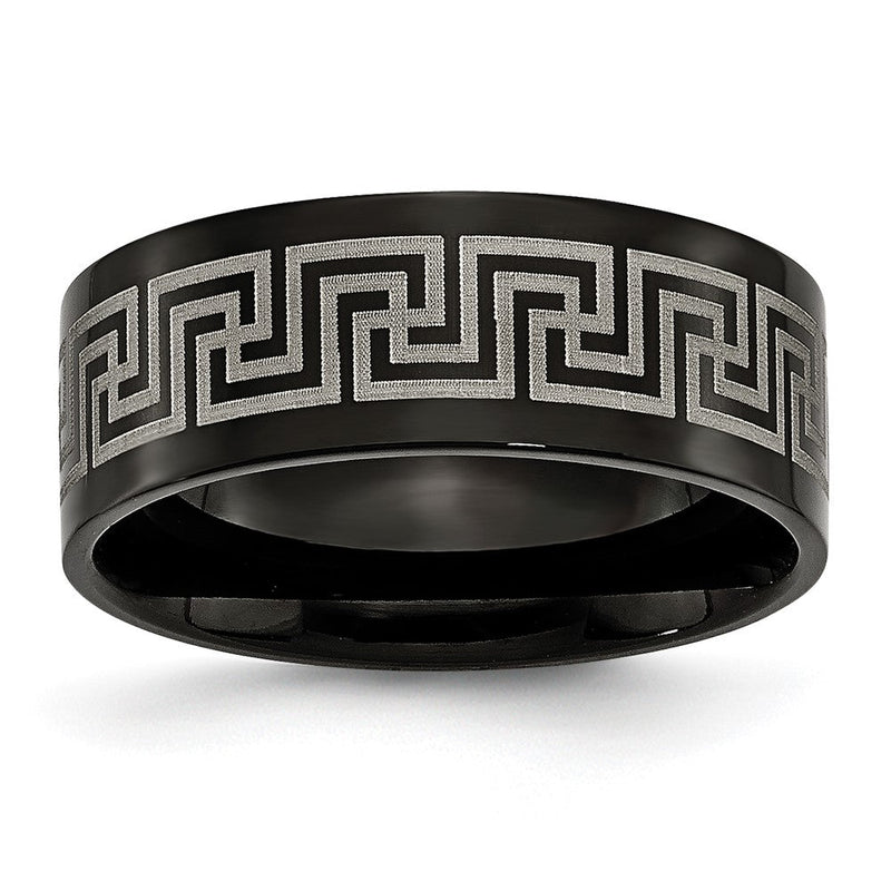 Titan Schwarz Ip Beschichtet Greek Key Lasergraviert Geätzt 8mm Gebürstet/polished Ring